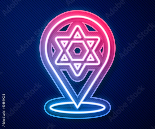 Glowing neon line Star of David icon isolated on blue background. Jewish religion symbol. Symbol of Israel. Vector.