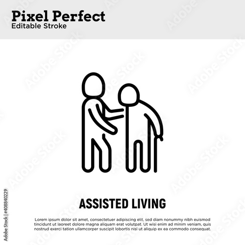 Caregiver with elderly person. Thin line icon. Assisted living in nurse house. Geriatric medicine. Pixel perfect, editable stroke. Vector illustration.