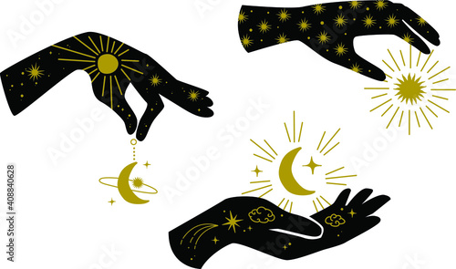 Vector woman hands on the white isolated background. Celestial moon sun stars elements.