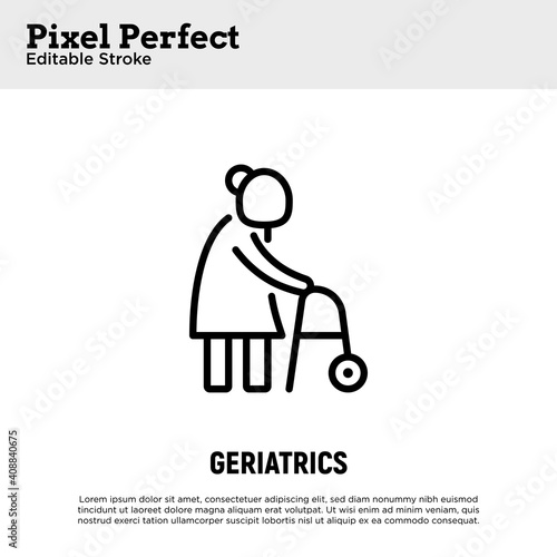 Elderly woman with walkers. Nursing home. Thin line icon. Pixel perfect, editable stroke. Vector illustration.
