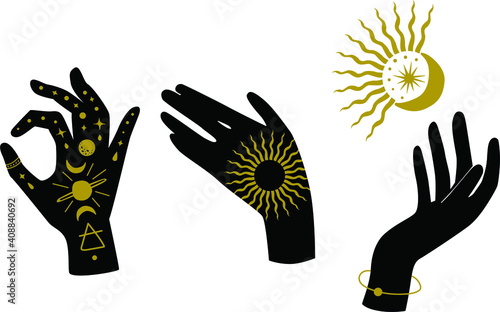 Vector woman hands on the white isolated background. Celestial moon sun stars elements.