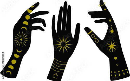 Vector woman hands on the white isolated background. Celestial moon sun stars elements.
