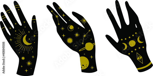 Vector woman hands on the white isolated background. Celestial moon sun stars elements.