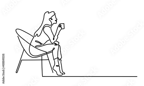 Continuous line drawing of young woman sitting in arm chair with cup of coffee or tea. Vector illustration. 