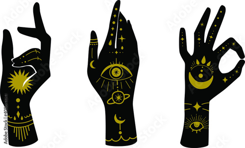 Vector woman hands on the white isolated background. Celestial moon sun stars elements.