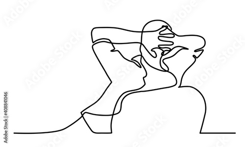 Continuous line drawing of man relaxing in the chair and holding hands behind head. Back view. Vector illustration.