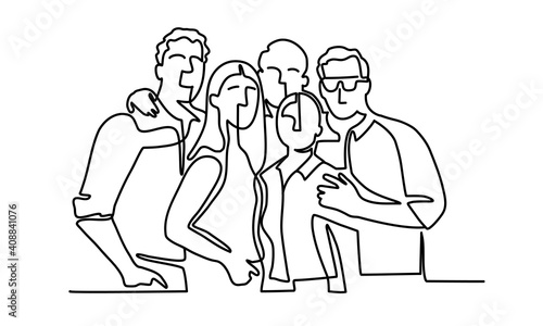 Continuous line drawing of happy friends. Vector illustration.