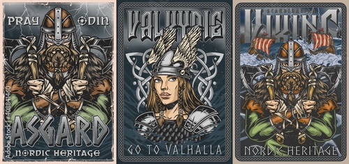 Vikings colorful vintage posters set