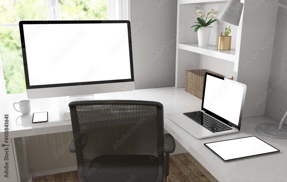 Fototapeta premium Responsive devices on desktop 3d rendering mock up