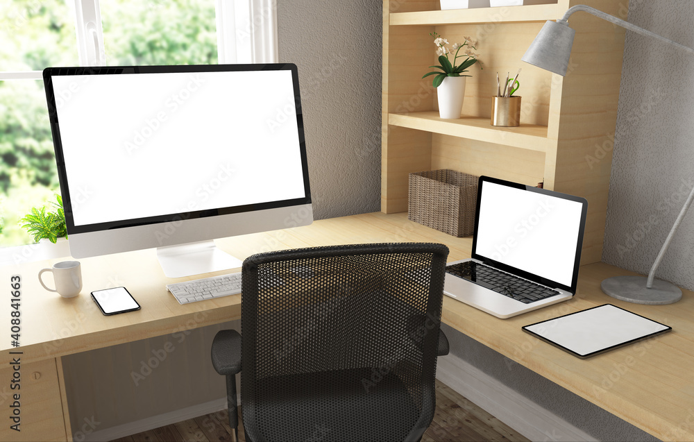 Home office with responsive devices mock up 3d rendering Home office with responsive devices mock up 3d rendering