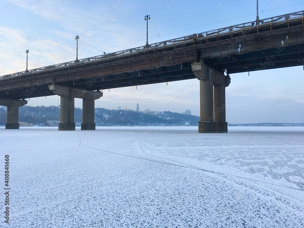Paton bridge frozen Dnipro river Paton bridge frozen Dnipro river