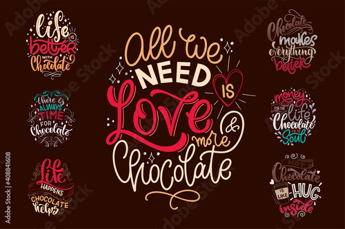 Chocolate hand lettering quotes set. Warm Christmas winter word composition. Vector design elements for t-shirts, posters, cards, stickers and menu