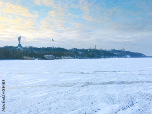 Frozen Dnipro river Kyiv, U...