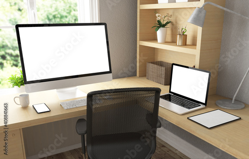 Home office with responsive devices mock up 3d rendering © MclittleStock