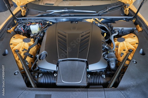 Engine bay of a sports car with powerful V8 engine