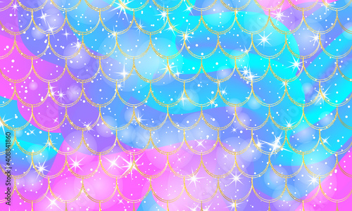 Holographic rainbow background. Gold scales. Mermaid print.