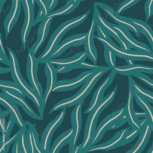 Cartoon marine seamless pattern with green seaweed shapes. Turquoise background. Random aqua flora print.