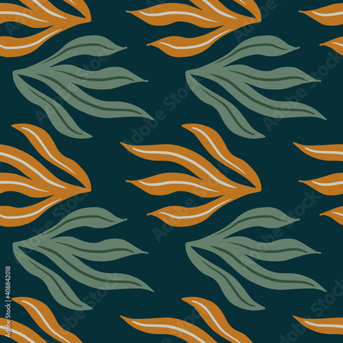 Hand drawn green and orange colored vintage leaves seamless pattern. Foliage nature backdrop.