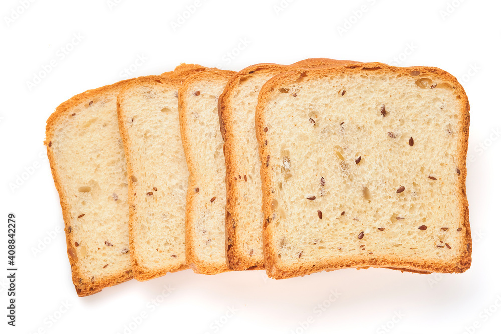 Several slices toast bread with pumpkin, poppy, flax, sunflower, sesame and millet seeds isolated on white background for proper nutrition. Top view, flat lay