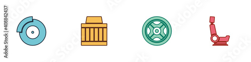 Set Car brake disk with caliper, air filter, wheel and seat icon. Vector.