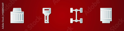 Set Car air filter, key with remote, Chassis car and icon. Vector.
