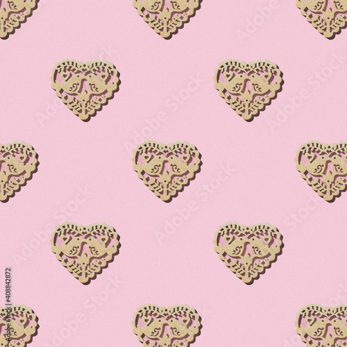 Valentines day seamless pattern of pink heart on pink background. Greeting card. Good for wallpaper, textile, background, poster, cover of book, post cards.