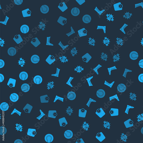 Set Bathroom scales, Sport boxing shoes, Punch gloves and Tennis ball on seamless pattern. Vector.