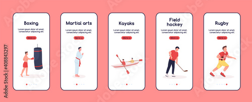Characters in sport onboarding mobile app screen flat vector template. Favourite hobbies. Walkthrough website steps with characters. UX, UI, GUI smartphone cartoon interface, case prints set