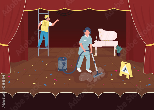 Cleaning after big concert flat color vector illustration. Getting rid of all garbage after live theatre perfomance. Cleaning company workers 2D cartoon characters with opera house on background