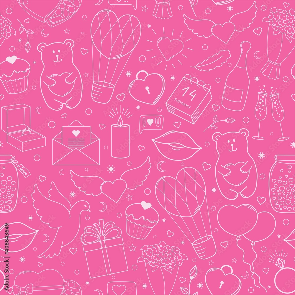 Happy Valentine's Day. Cute seamless pattern of vector hand drawn elements, bright pink and white.