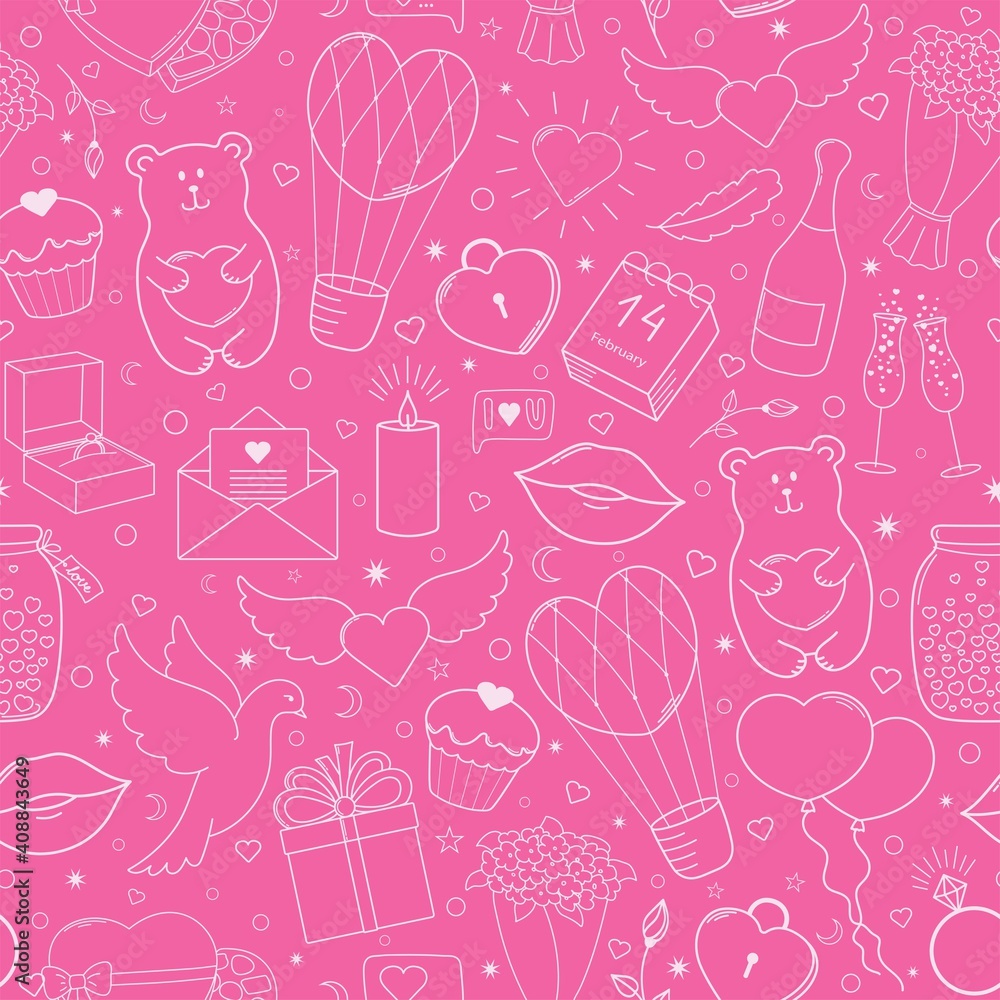 Happy Valentine's Day. Cute seamless pattern of vector hand drawn elements, bright pink and white. Happy Valentine's Day. Cute seamless pattern of vector hand drawn elements, bright pink and white.
