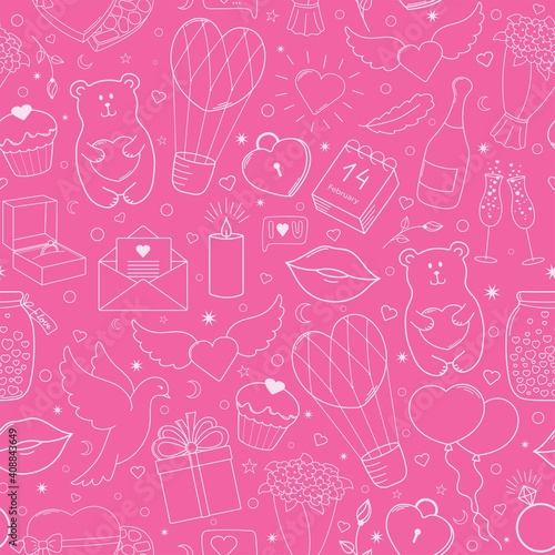 Happy Valentine's Day. Cute seamless pattern of vector hand drawn elements, bright pink and white.
