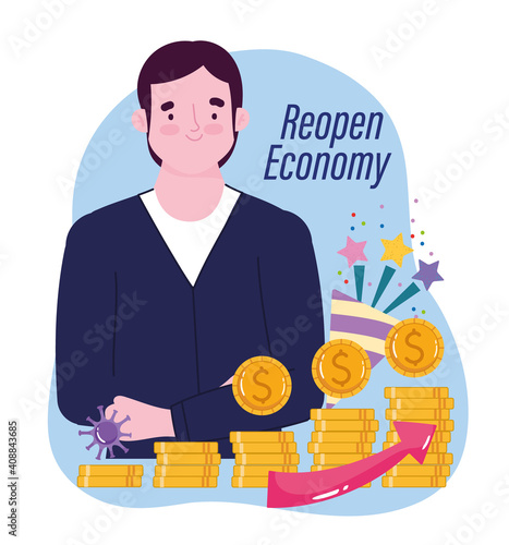 Reopening happy businessman with pile of coins