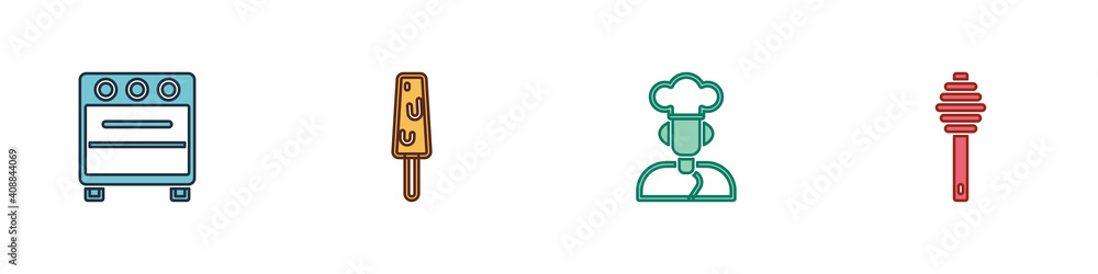 Set Oven, Ice cream, Cook and Honey dipper stick icon. Vector. Set Oven, Ice cream, Cook and Honey dipper stick icon. Vector.