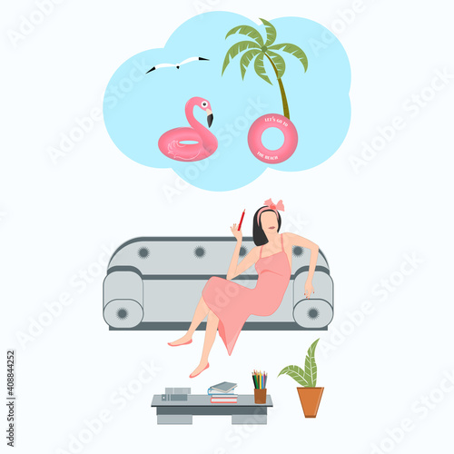 Fashion designer sitting at home on the couch, teleworking, dreaming of a vacation at sea, palm tree, pink flamingo - vector. Travel planning.