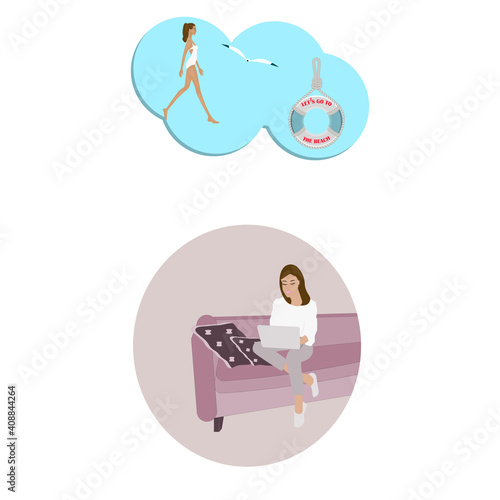 Woman sitting at home on the couch, teleworking, dreaming about a vacation at sea - vector. Travel planning.