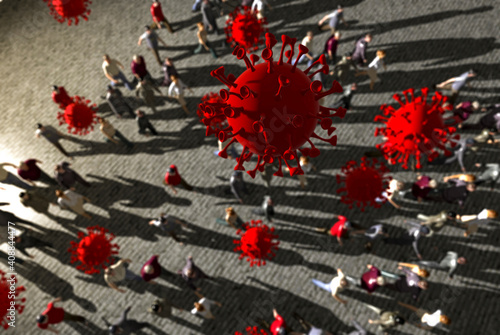 Crowded rush hour with Covid 19 particles 3d render
