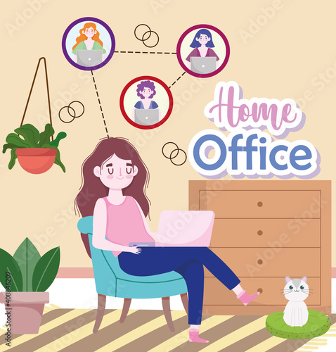 people working talking by internet video conference meeting home office