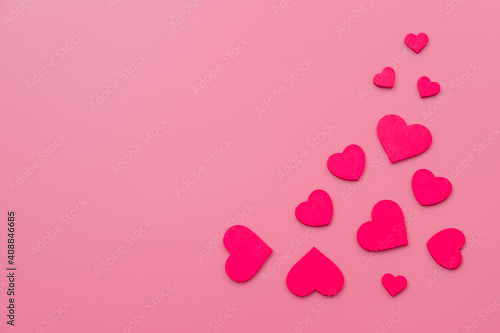 Hearts on pink background. Love and Valentine's day concept. Copy space
