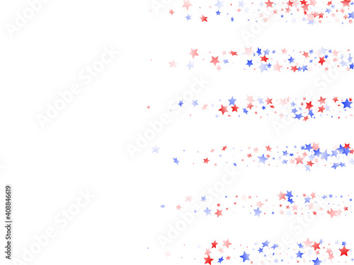 Flying red blue white star sparkles on white vector american patriotic background.