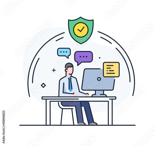 Businessman working remotely, isolation, quarantine, covid. Workflow, growth, graphics. Business development, milestones, start-up. linear illustration Icons infographics. Landing page site print