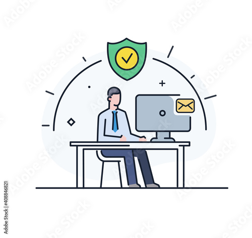 Businessman working remotely, isolation, quarantine, covid. Workflow, growth, graphics. Business development, milestones, start-up. linear illustration Icons infographics. Landing page site print