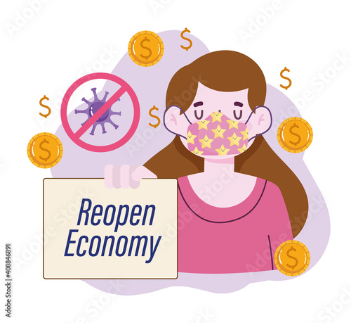Reopening economy woman with face mask protection covid 19
