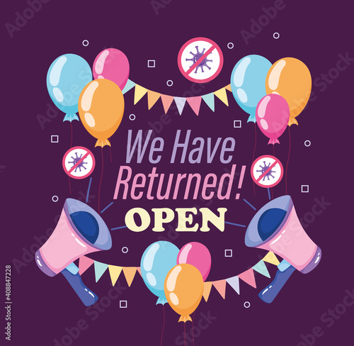 Reopening megaphone speaker balloons pennants celebration business