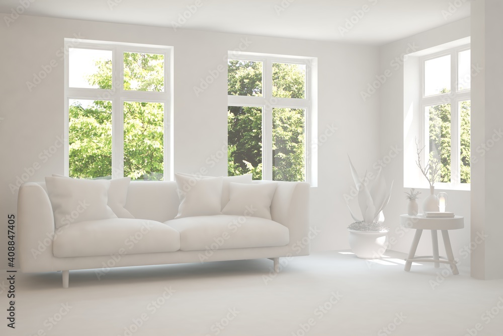 White living room with sofa and summer landscape in window. Scandinavian interior design. 3D illustration White living room with sofa and summer landscape in window. Scandinavian interior design. 3D illustration