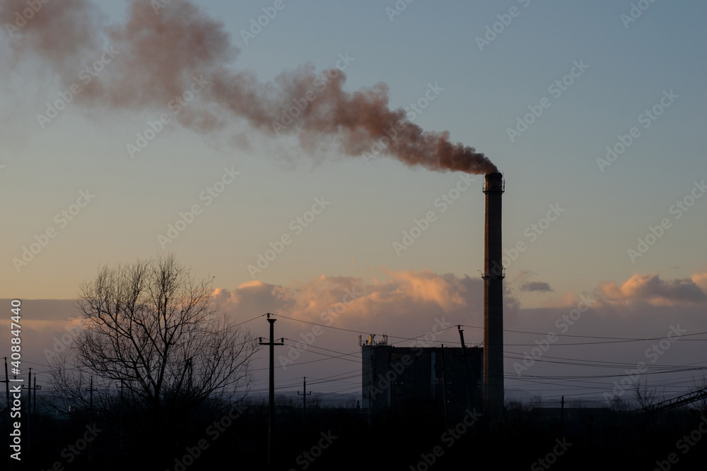 Furnace and smoke. Small thermal power plant that works by burning coal