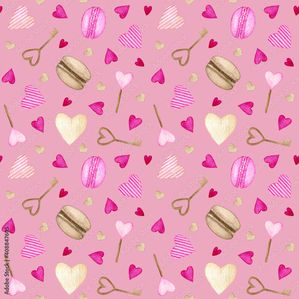 St Valentine's watercolor pattern. 14 February seamless ornament with macaroons, hearts, candies, and keys on pink background. Hand-painted illustration for wrapping, textile and design. St Valentine's watercolor pattern. 14 February seamless ornament with macaroons, hearts, candies, and keys on pink background. Hand-painted illustration for wrapping, textile and design.