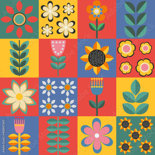 Abstract geometric composition. Bright seamless pattern. Flora objects made of simple geometry shapes. Vector illustration. 