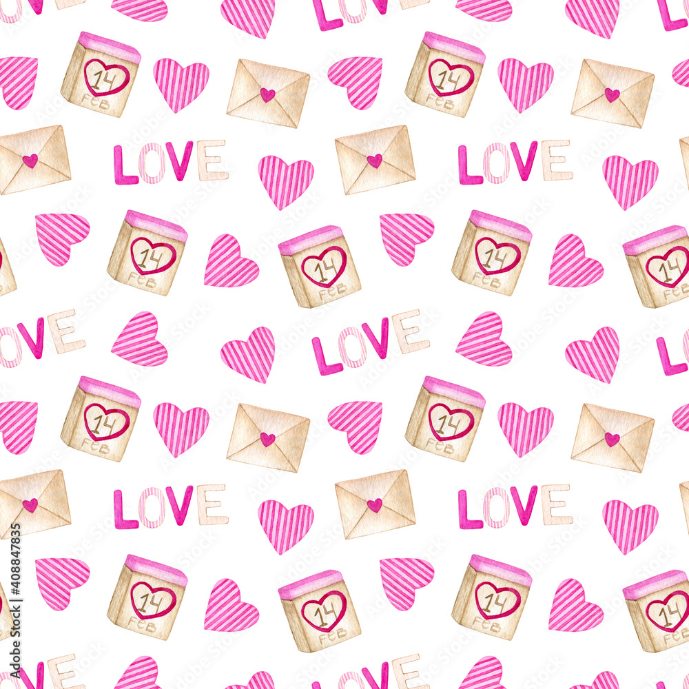 14 February watercolor seamless pattern. St Valentine's colorful ornament with calendar, envelope and heart. Hand-painted illustration for wrapping, textile and design. 14 February watercolor seamless pattern. St Valentine's colorful ornament with calendar, envelope and heart. Hand-painted illustration for wrapping, textile and design.