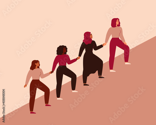 Women can do it. Four female characters walk up together and hold arms. Girls support each other. Friendship poster, the union of feminists and sisterhood. Vector illustration